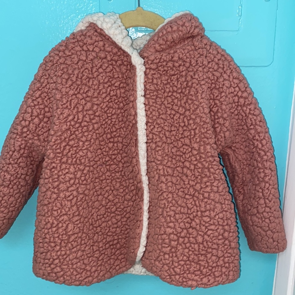 Zara Girl's Pink & White Reversible Faux Shearling Hooded Jacket - Size 3-4